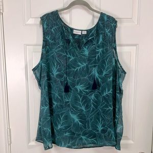 Liz Claiborne Navy & Teal Leaf Pattern Sleeveless Blouse w/Black Camisole Sz 3X